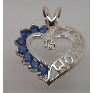 Vintage 1990's Beautiful Sterling Silver I Love Mom Necklace Pendant Sapphire CZ